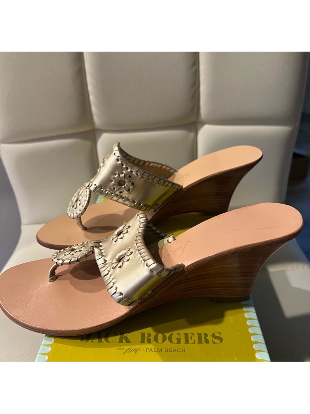 Jack Rogers Metallic Gold Leather Wedge Sandals